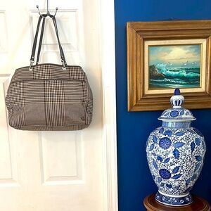 LAUREN RALPH LAUREN Brown & Black Houndstooth Canvas Large Shoulder Purse